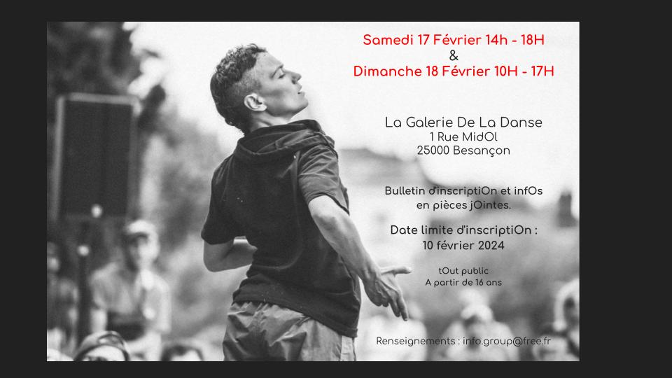 [affiche Jane Fournier / Bien Parado / 17 février : 14h-18h, 18 février 10h-17h. Galerie de la Danse. Date limite d'inscription : 10 février]